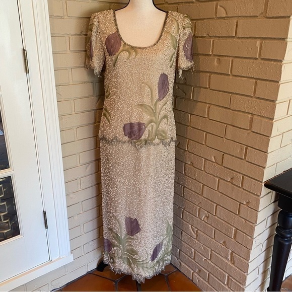 Vintage Laurence Kazar Dress 100% Silk Champagne Sequined Beaded Floral Size 8P - Picture 1 of 12